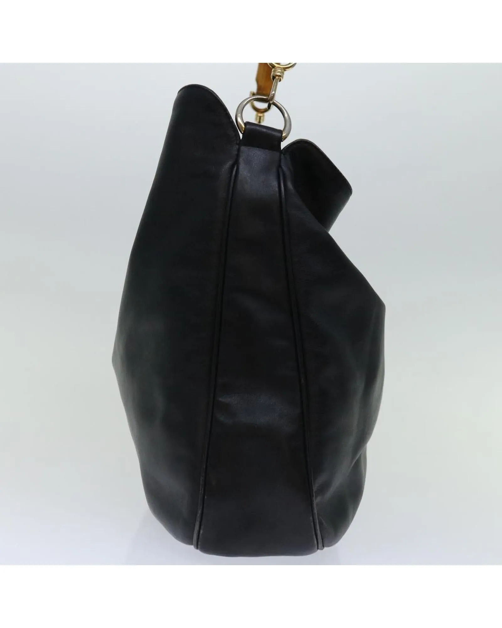 Black Leather Shoulder Bag with Bamboo Detail