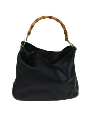 Black Leather Shoulder Bag with Bamboo Detail