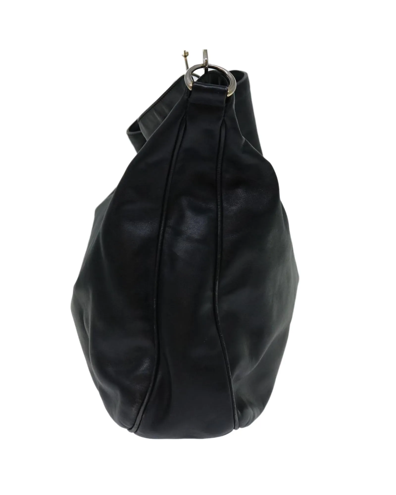 Black Leather Shoulder Bag with Bamboo Detail