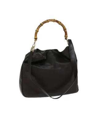 Leather 2-Way Hand Bag with Bamboo Handle