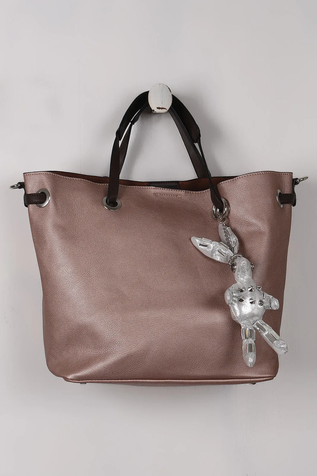 Pebbled Vegan Leather Bunny Keychain Tote Bag