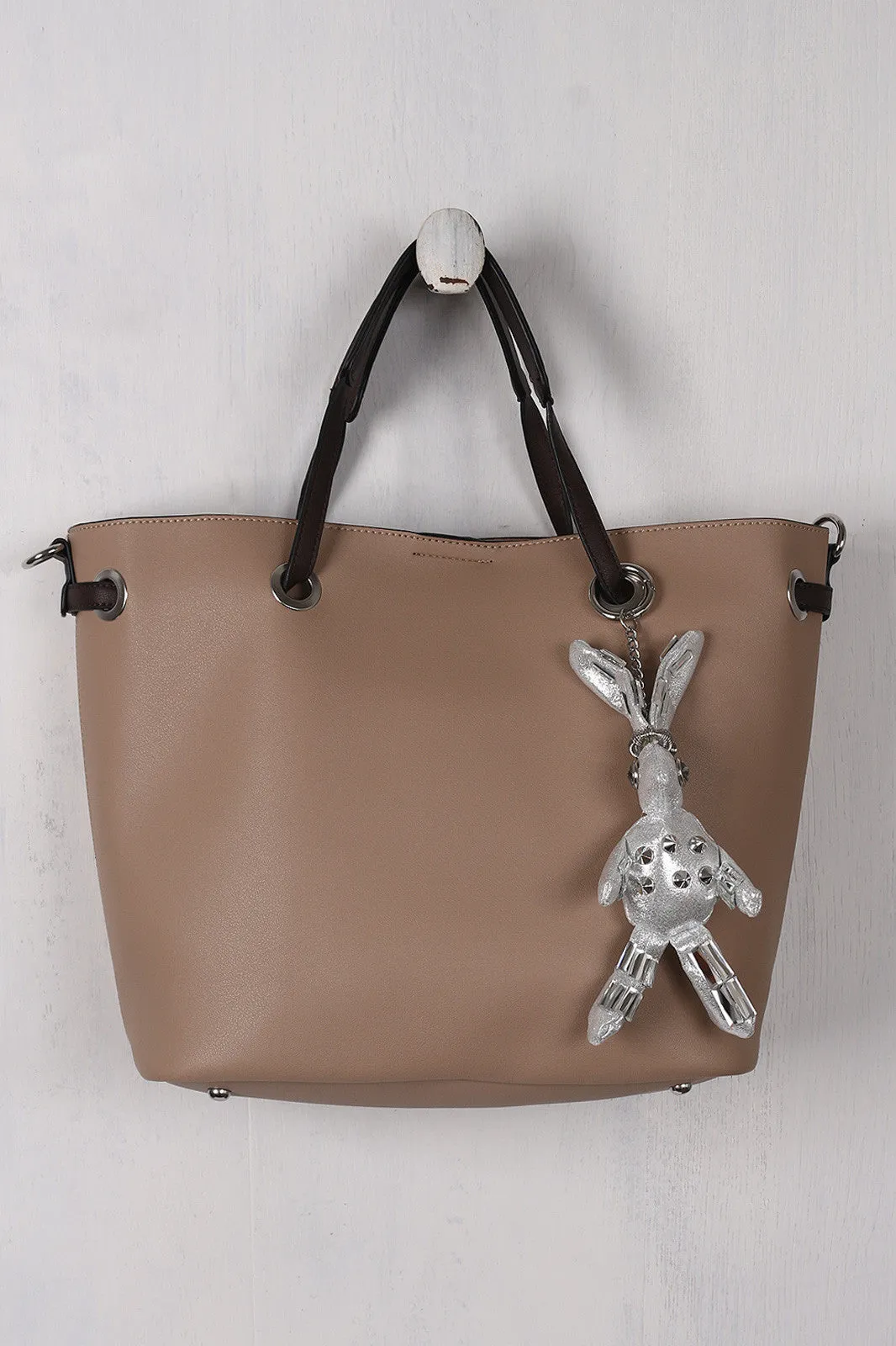 Pebbled Vegan Leather Bunny Keychain Tote Bag