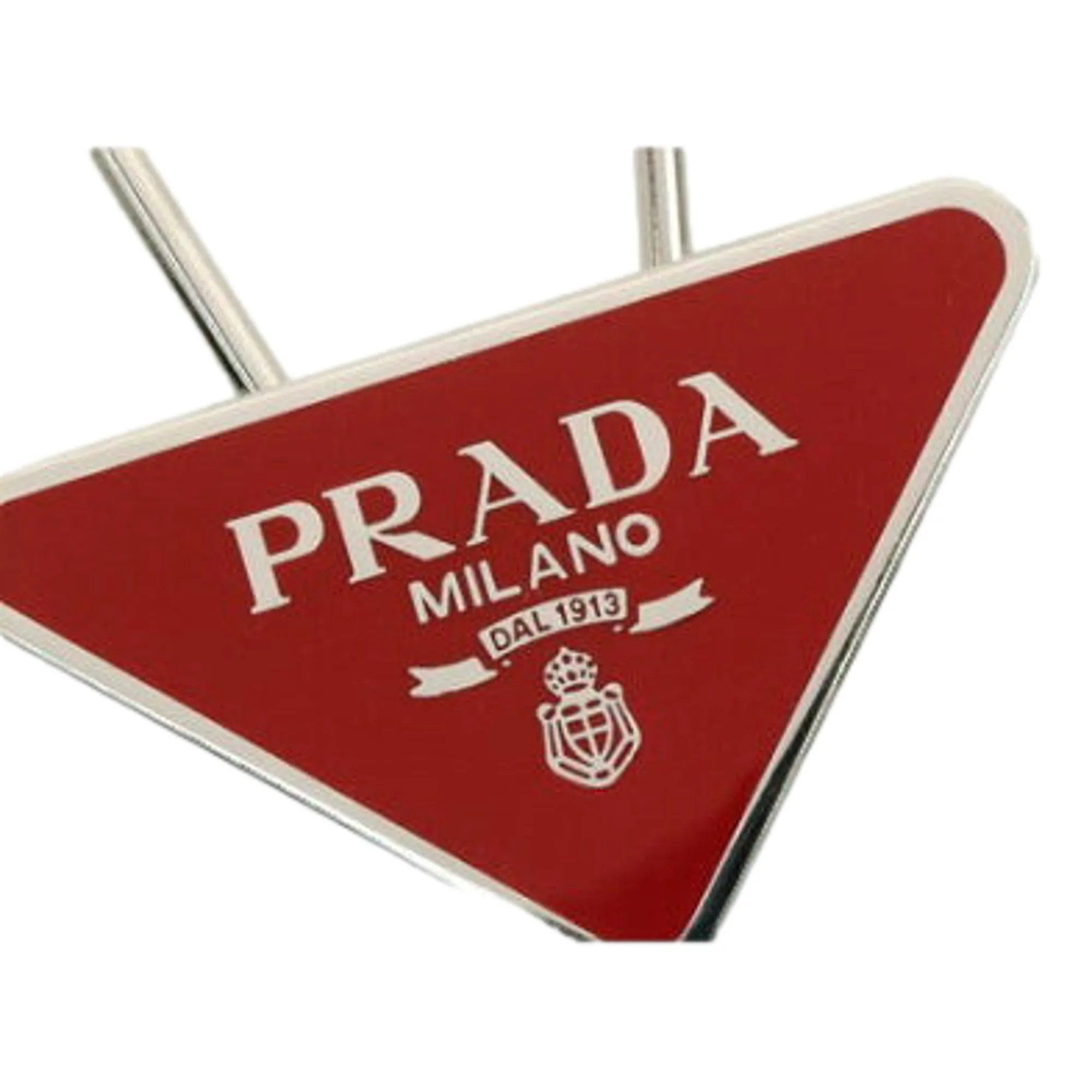 Prada Enameled Metal Key Ring Red and Gold Triangle Logo Purse Charm