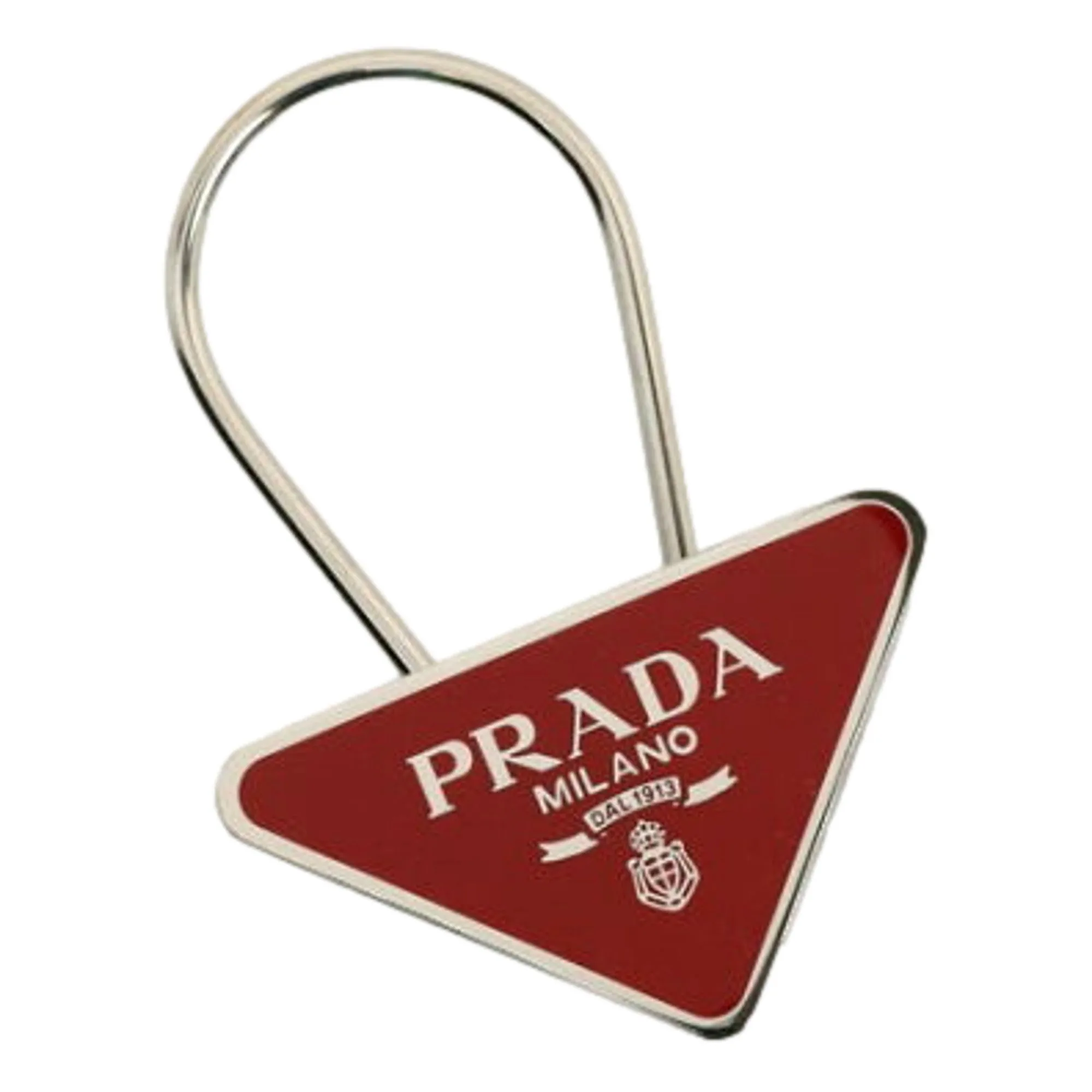 Prada Enameled Metal Key Ring Red and Gold Triangle Logo Purse Charm