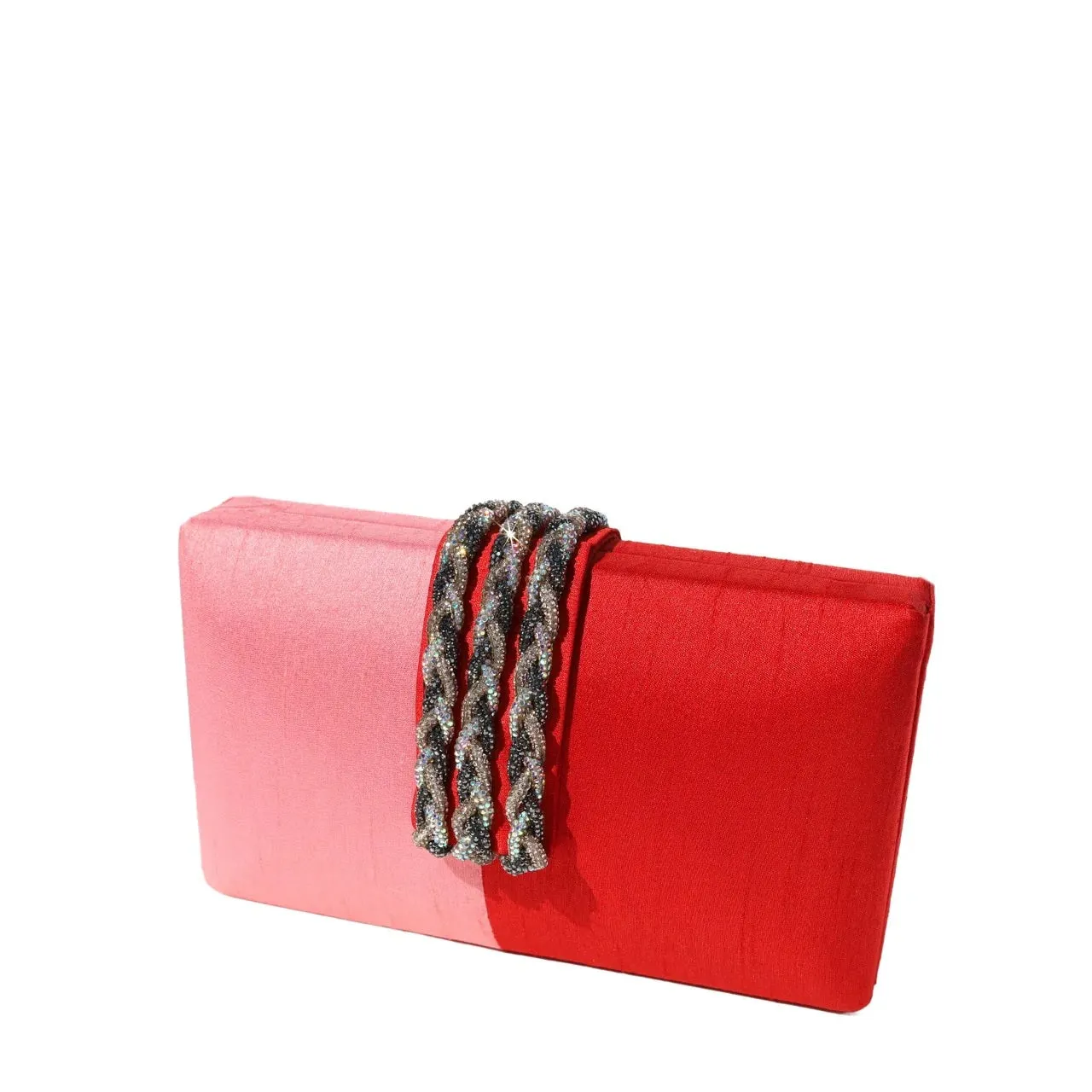 Satin Colorblock Clutch with Braided Crystal Closure - Pink/Red