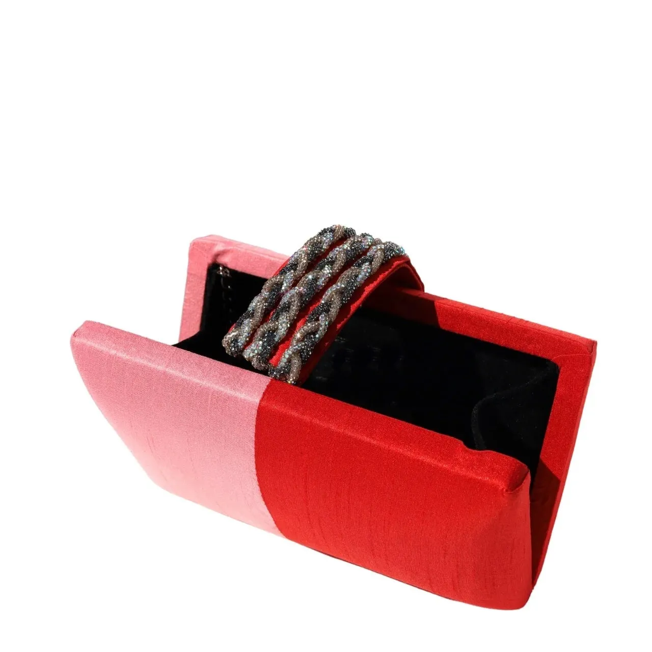 Satin Colorblock Clutch with Braided Crystal Closure - Pink/Red