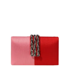 Satin Colorblock Clutch with Braided Crystal Closure - Pink/Red