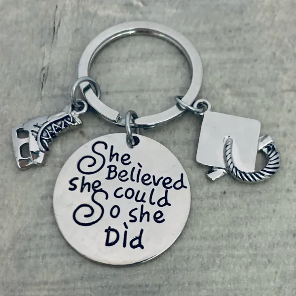 Sports Graduation Keychain - She Believed She Could - Pick Activity