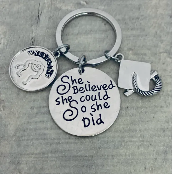 Sports Graduation Keychain - She Believed She Could - Pick Activity