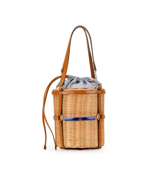 Wicker Bucket Bag with Leather Trim and Drawstring Closure