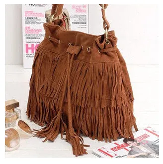 Women Suede Drawstring Bucket Bag Women vintage Handbag Faux Fringe Tassel Shoulder Cross bodybags lady Messenger Bag WHC7521