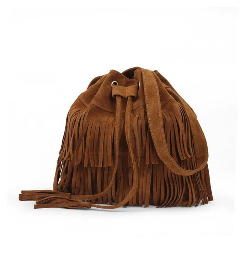 Women Suede Drawstring Bucket Bag Women vintage Handbag Faux Fringe Tassel Shoulder Cross bodybags lady Messenger Bag WHC7521